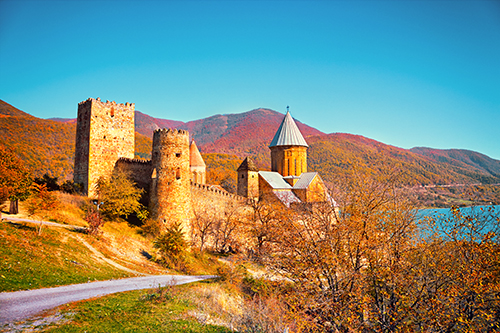 A fairytale castle on top a hill.